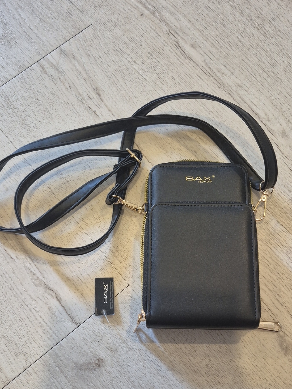 Saxx Black Crossbody Phone Bag with Gold Hardware